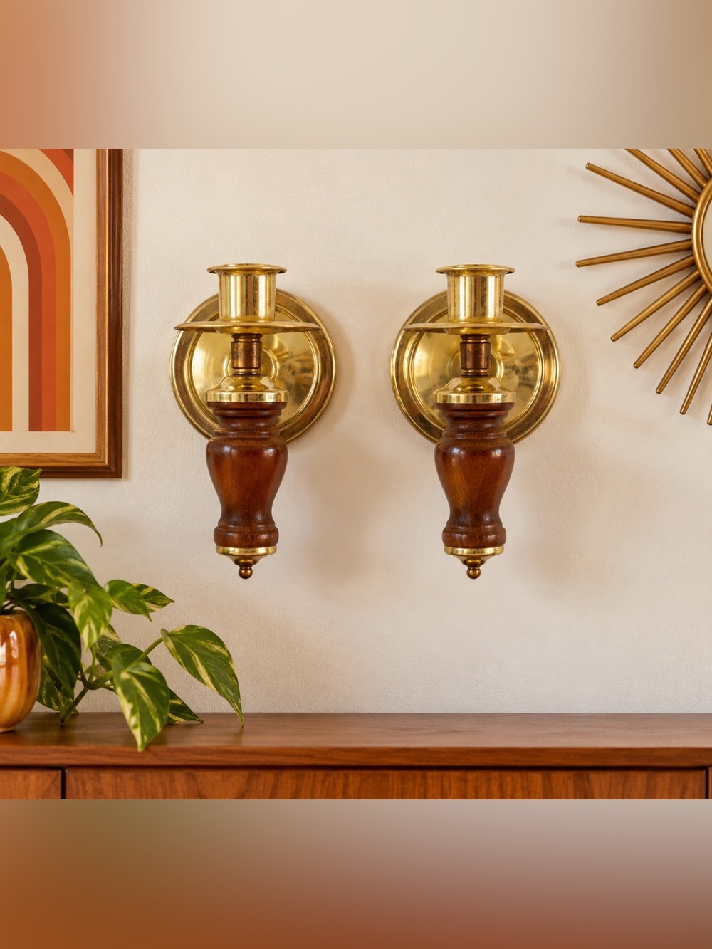 Vintage Home Interior Homco Wood & Brass Wall Sconce/Sconces Candle Holder Pair